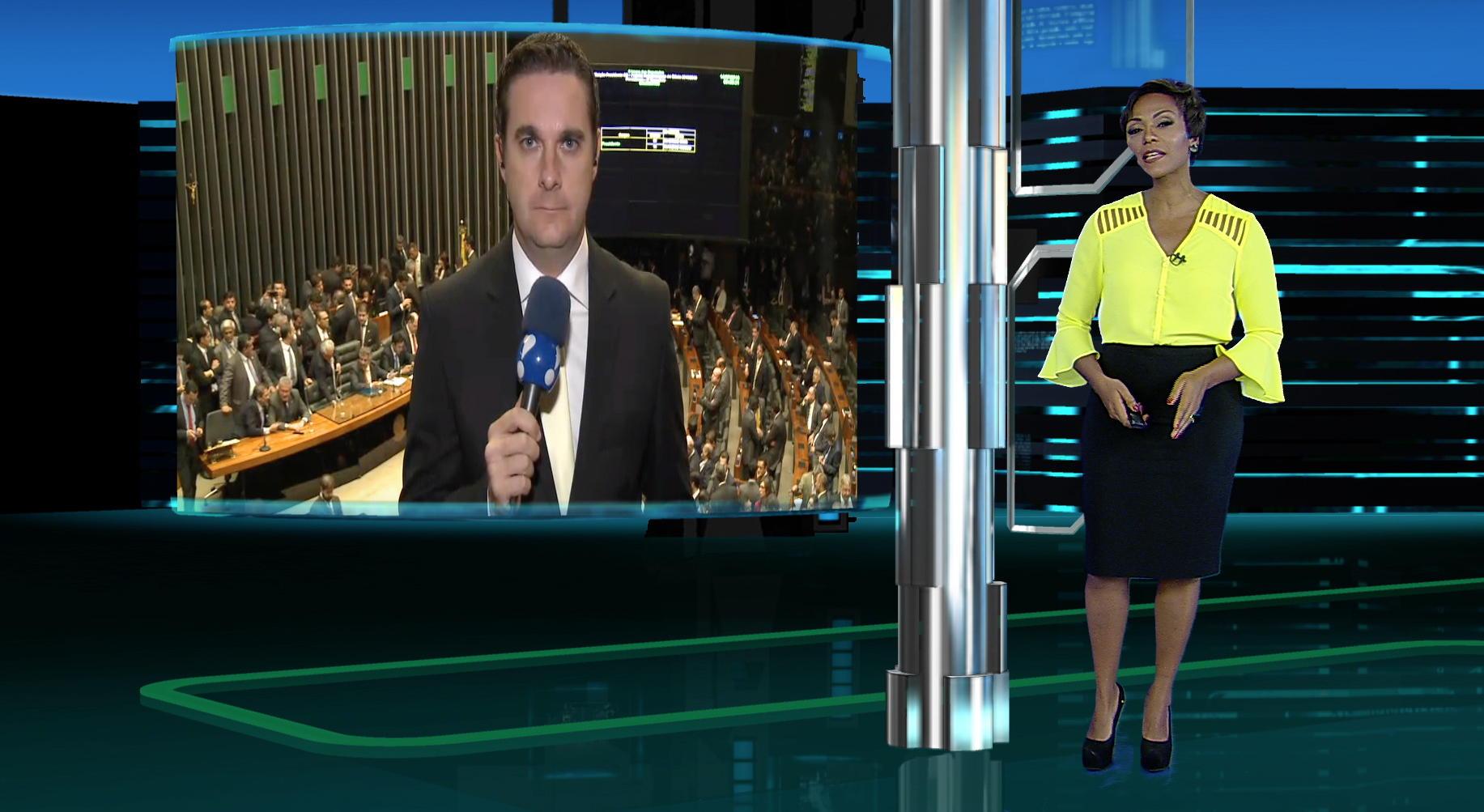 O repórter Eric Klein e a apresentadora interina Luciana Camargo
