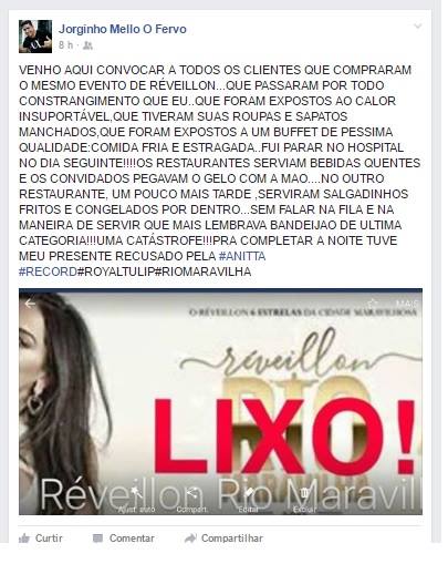 Fã de Anitta fez desabafo na rede social