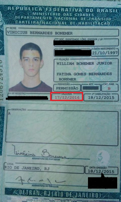 Carteira de habilitação de Vinícius Bonemer