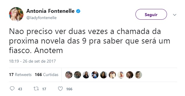 Antonia Fontenelle falou sobre O Outro Lado do Paraiso no Twitter