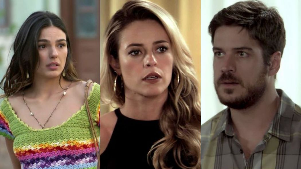 Ritinha (Isis Valverde), Jeiza (Paolla Oliveira) e Zeca (Marco Pigossi) de A Forca do Querer