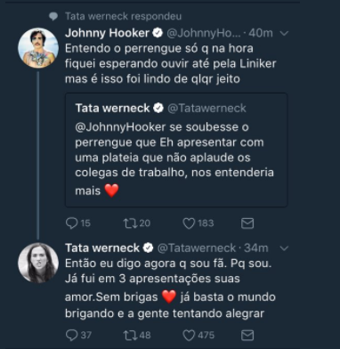 Tata Werneck mandou recados para Johnny Hooker em rede social