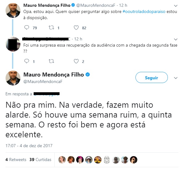 Diretor de O Outro Lado do Paraiso respondeu internauta no Twitter