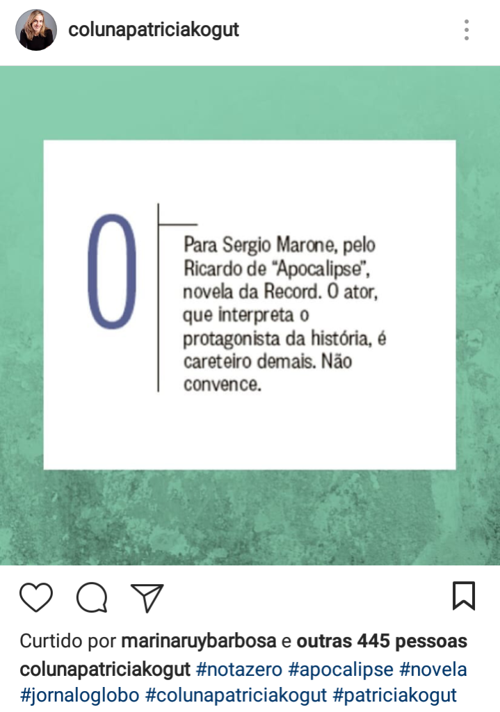 Jornalista avaliou Sergio Marone e Marina Ruy Barbosa curtiu