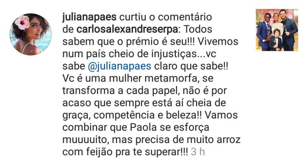 Juliana Paes curtiu comentario de internauta