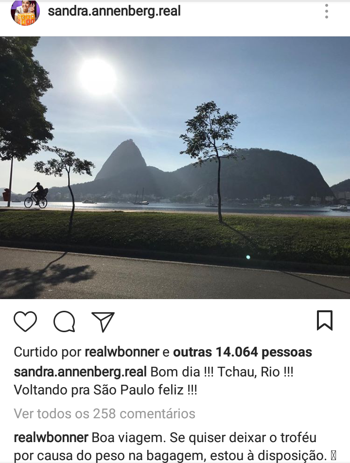 Postagem de Sandra Annenberg em rede social recebeu comentario de William Bonner
