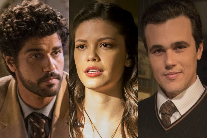 Inácio (Bruno Cabrerizo), Vicente (Bruno Ferrari) e Maria Vitória (Vitória Strada) em Tempo de Amar (Divulgação/Globo)