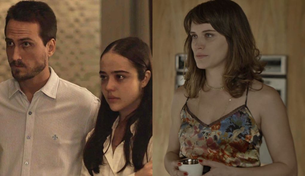 Rafael (Igor Angelkort), Laura (Bella Piero) e Clara (Bianca Bin) de O Outro Lado do Paraiso