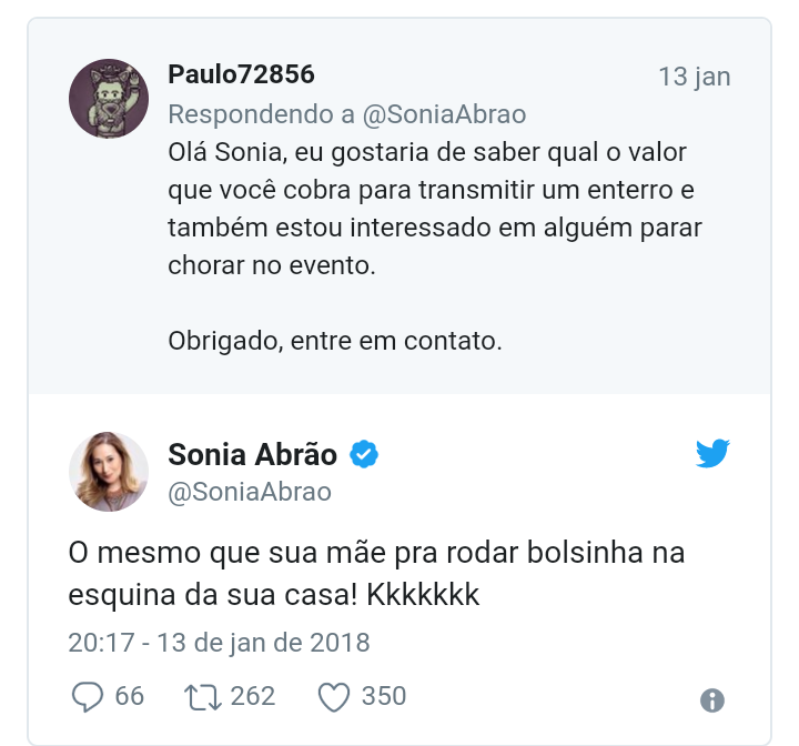Sonia Abrao respondeu internauta no Twitter