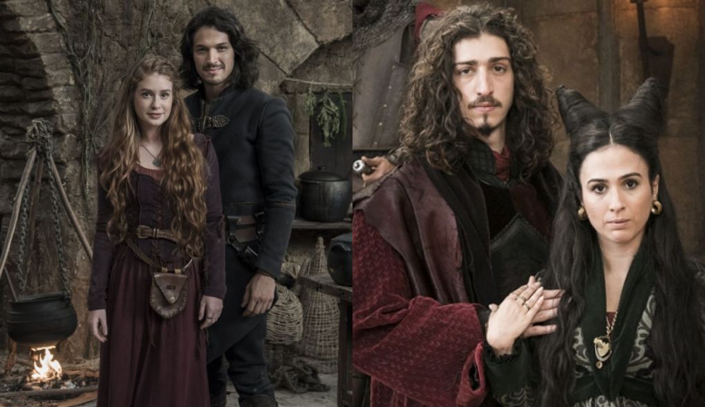 Amalia (Marina Ruy Barbosa), Afonso (Romulo Estrela), Rodolfo (Johnny Massaro) e Lucrecia (Tata Werneck) de Deus Salve o Rei