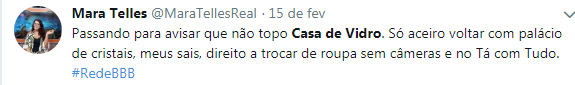 Mara Telles comenta sobre a Csa de Vidro do BBB18 (Reprodução: Twitter)