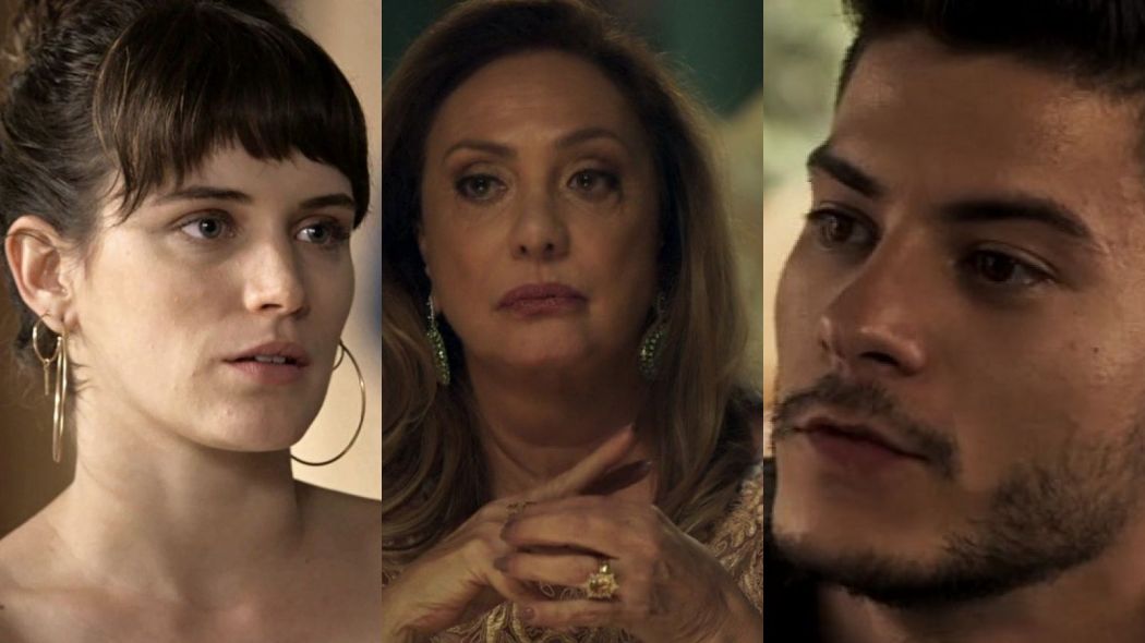 Clara (Bianca Bin), Nadia (Eliane Giardini) e Diego (Arthur Aguiar) de O Outro Lado do Paraiso