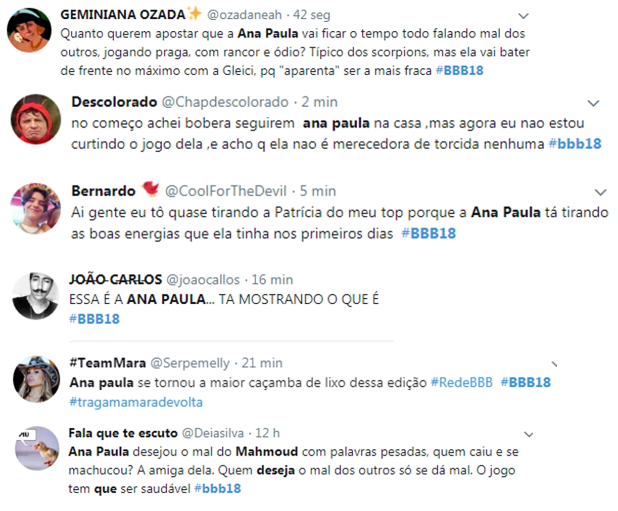 Twitteiros se revoltam com a postura de Ana Paula no BBB18 (Reprodução: Twitter)