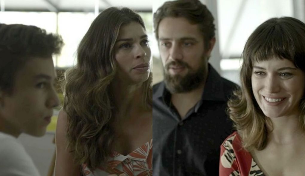 Tomaz (Vitor Figueiredo), Livia (Grazi Massafera), Renato (Rafael Cardoso) e Clara (Bianca Bin) de O Outro Lado do Paraiso