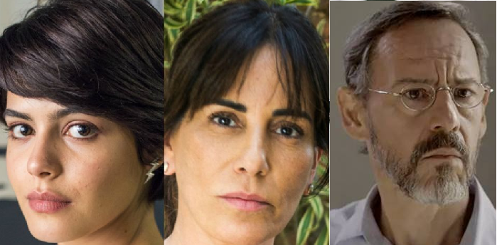 Adriana (Julia Dalavia), Beth (Gloria Pires) e Henrique (Emílio de Mello) em O Outro Lado do Paraíso