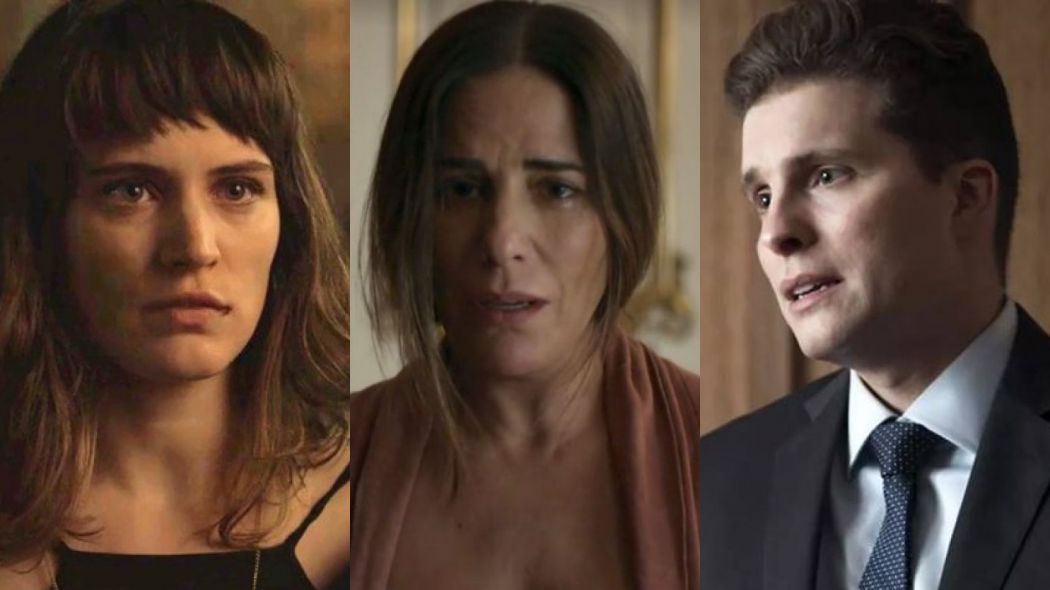 Clara (Bianca Bin), Beth (Gloria Pires) e Patrick (Thiago Fragoso) de O Outro Lado do Paraiso