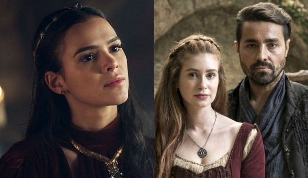 Catarina (Bruna Marquezine), Amalia (Marina Ruy Barbosa) e Virgilio (Ricardo Pereira) de Deus Salve o Rei