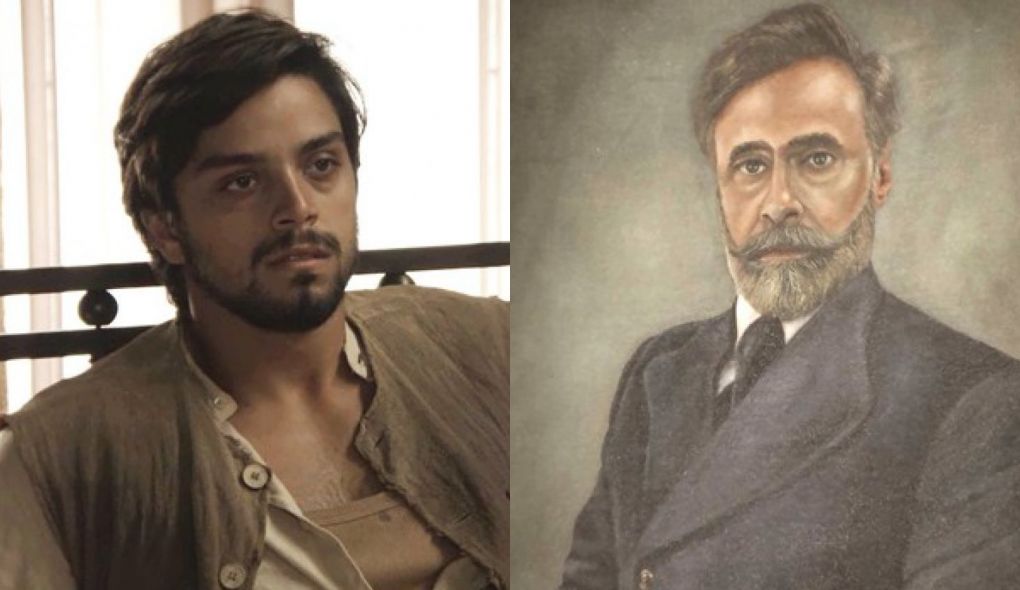 Ernesto (Rodrigo Simas) e quadro do Almirante Tiburcio (Oscar Magrini) de Orgulho e Paixao
