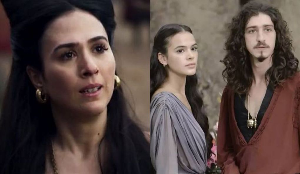 Lucrecia (Tata Werneck), Catarina (Bruna Marquezine), e Rodolfo (Johnny Massaro) de Deus Salve o Rei
