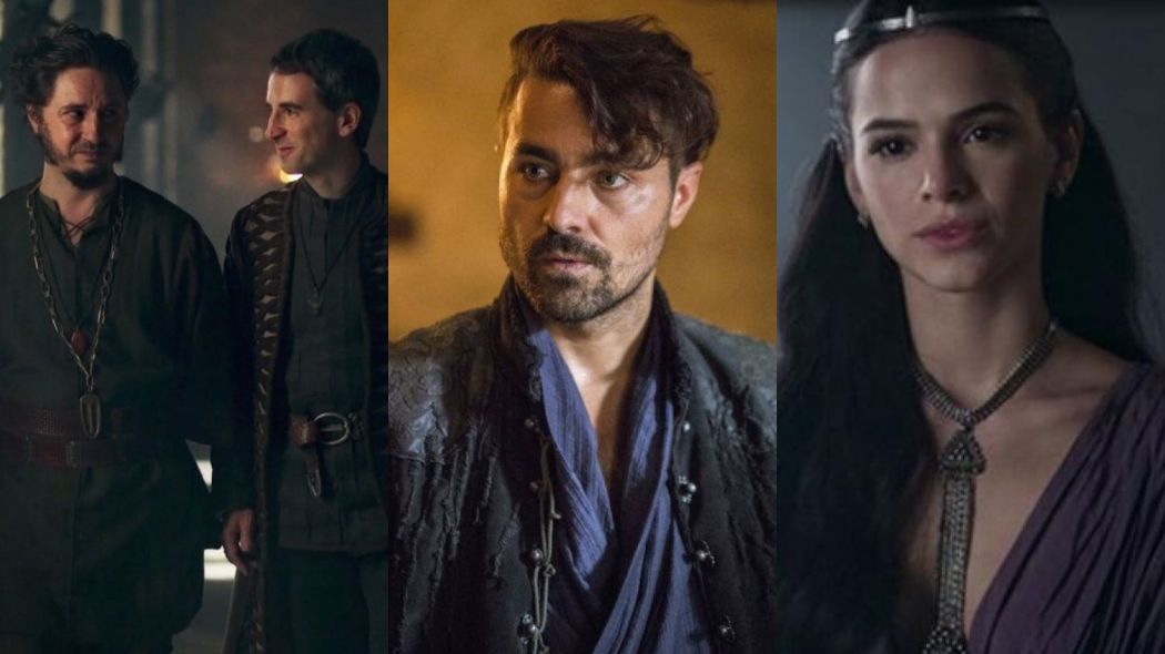 Orlando (Daniel Warren) e Petronio (Leandro Daniel), Virgilio (Ricardo Pereira) e Catarina (Bruna Marquezine) de Deus Salve o Rei