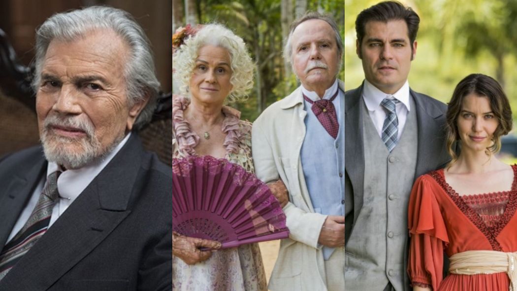 Lorde Williamson (Tarcisio Meira), Ofelia (Vera Hotz), Felisberto (Tato Gabus Mendes), Darcy (Thiago Lacerda) e Elisabeta (Nathalia Dill) de Orgulho e Paixao