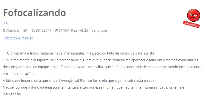 Mara Maravilha foi criticada no site Reclame Aqui