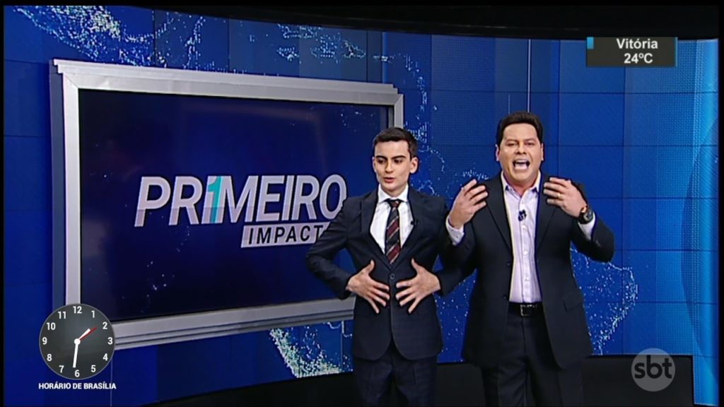 Dudu Camargo e Marcão do Povo apresentando o Primeiro Impacto no SBT (Divulgação)