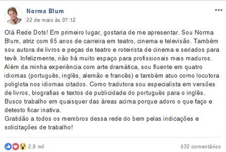 Norma Blum pediu empregou em rede social