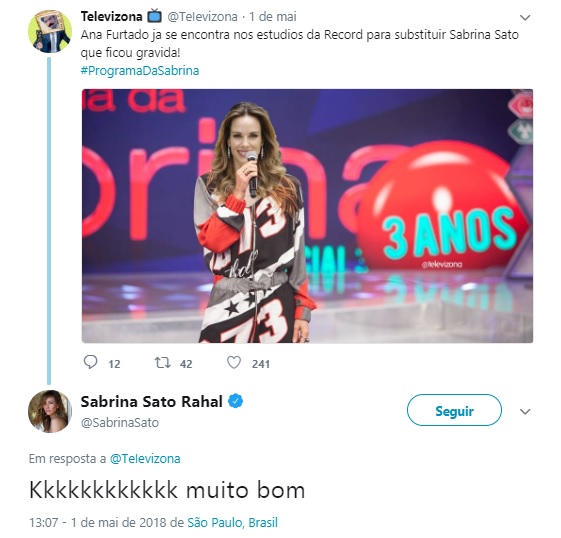 Sabrina Sato comentou postagem feita no Twitter