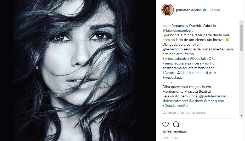Paula Fernandes comemorou personagem em Deus Salve o Rei