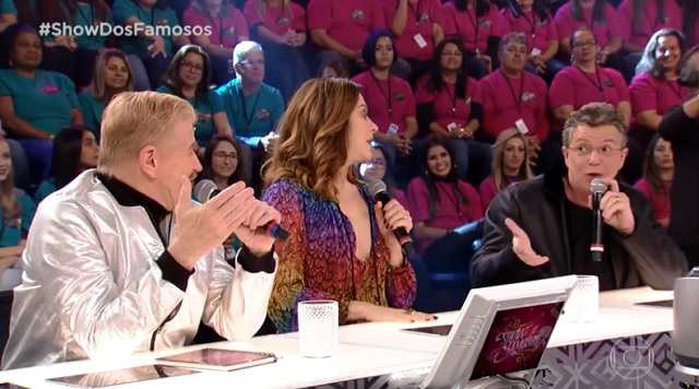Miguel Falabella, Cl&aacute;udia Raia e Boninho no Show dos Famosos, do Doming&atilde;o do Faust&atilde;o, da Globo