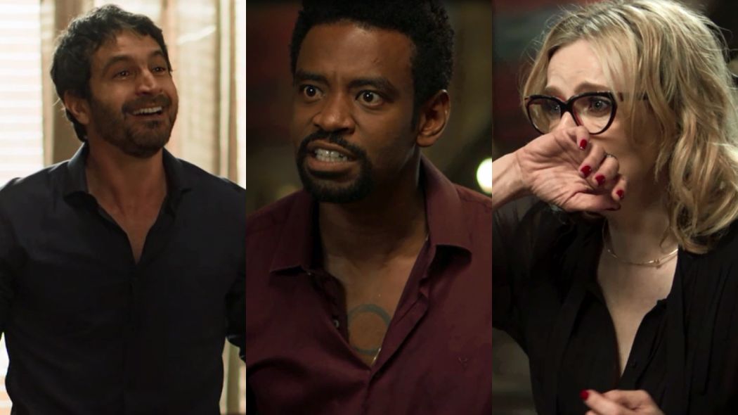Edgar (Caco Ciocler), Roberval (Fabricio Boliveira) e Karen (Maria Luisa Mendonca) de Segundo Sol