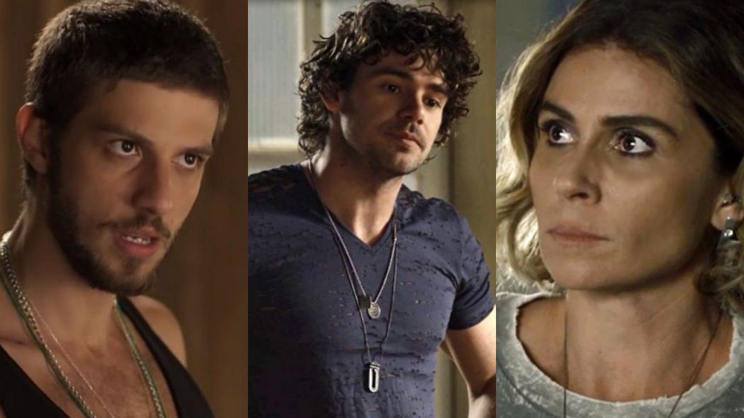 Icaro (Chay Suede), Narciso (Osmar Silveira) e Luzia (Giovanna Antonelli) de Segundo Sol