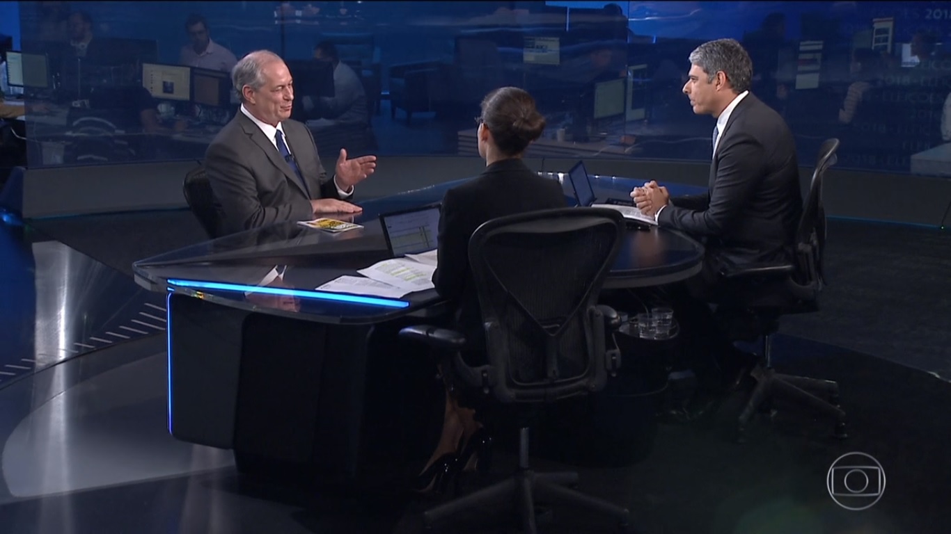 Ciro Gomes, Renata Vasconcellos e William Bonner no Jornal Nacional