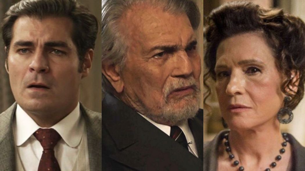 Darcy (Thiago Lacerda), Lorde Williamson (Tarcisio Meira) e Lady Margareth (Natalia do Vale) de Orgulho e Paixao