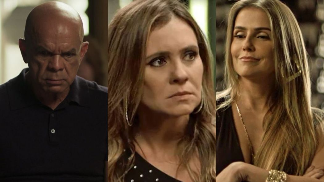 Galdino (Narcival Rubens), Laureta (Adriana Esteves) e Karola (Deborah Secco) de Segundo Sol