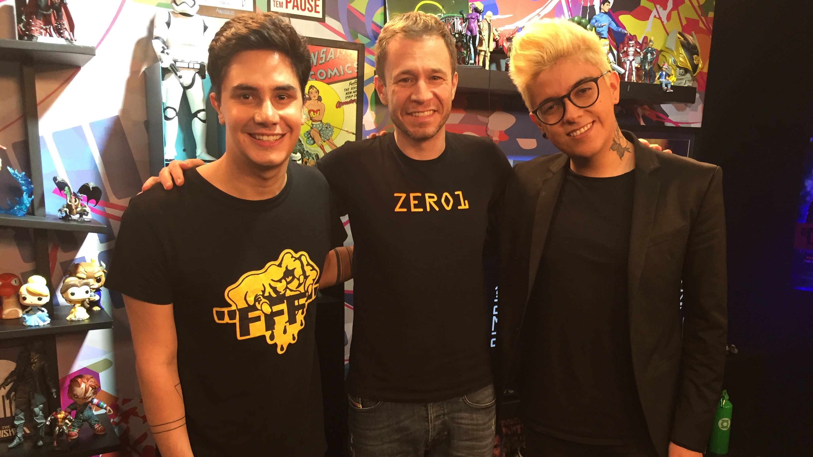 Tiago Leifert e a dupla do canal Tazercraft, Pac e Mike no Zero1