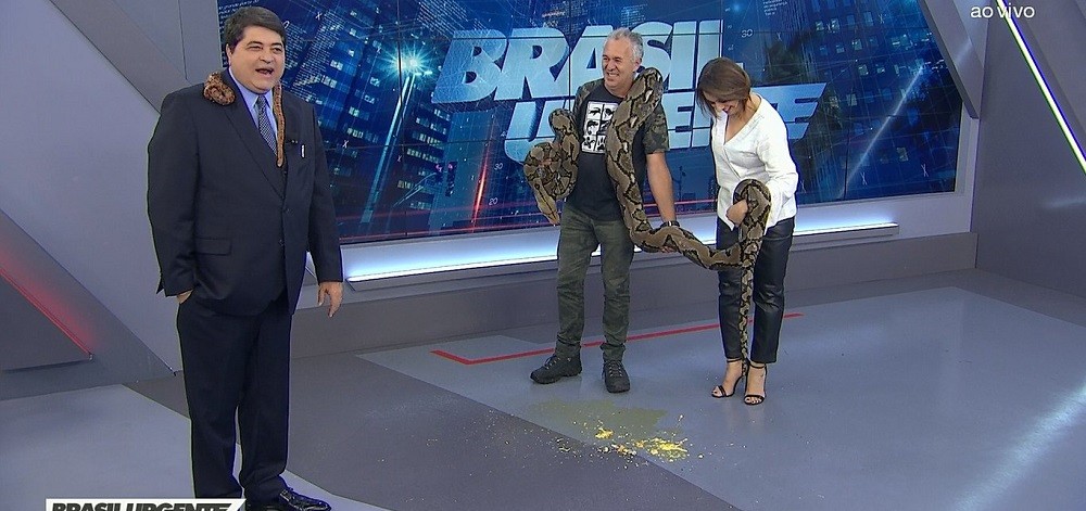 Datena, Catia Fonseca e criador presenciam as "necessidades" da cobra píton (Foto: Divulgação / Band)