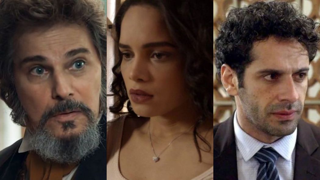 Dom Sabino (Edson Celulari), (Carol Macedo) e Emilio (Joao Baldasserini) de O Tempo Nao Para