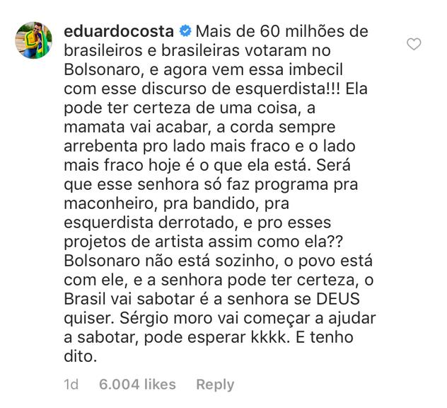Eduardo Costa criticou Fernanda Lima e o programa Amor & Sexo