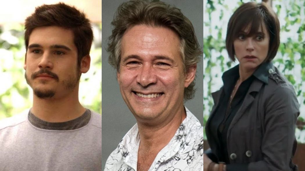 Samuca (Nicolas Prattes), Livaldo (Nelson Freitas) e Carmen (Christiane Torloni) de O Tempo Nao Para