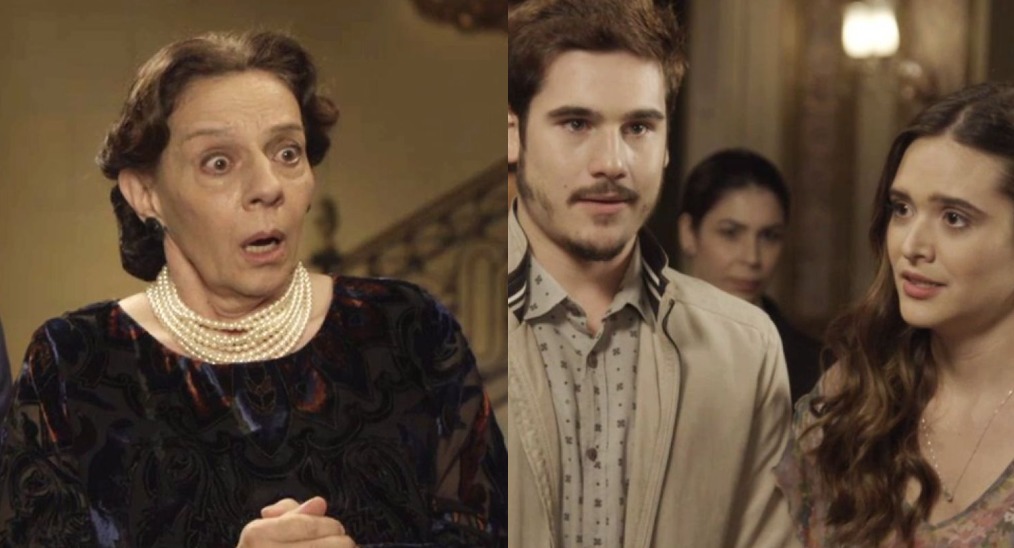 Agustina (Rosi Campos), Samuca (Nicolas Prattes) e Marocas (Juliana Paiva) de O Tempo Nao Para
