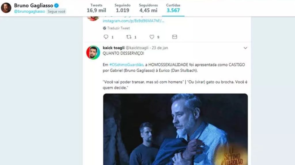 Bruno Gagliasso curtiu postagem que criticava O Setimo Guardiao