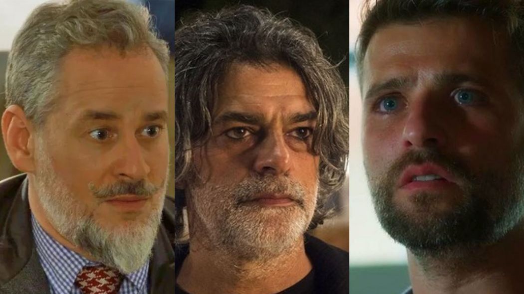 Eurico (Dan Stulbach), Leon (Eduardo Moscovis) e Gabriel (Bruno Gagliasso) de O Setimo Guardiao