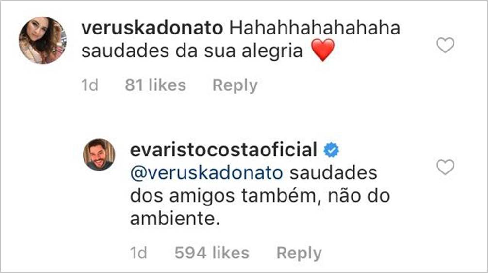 Evaristo Costa respondeu comentario de Veruska Donato