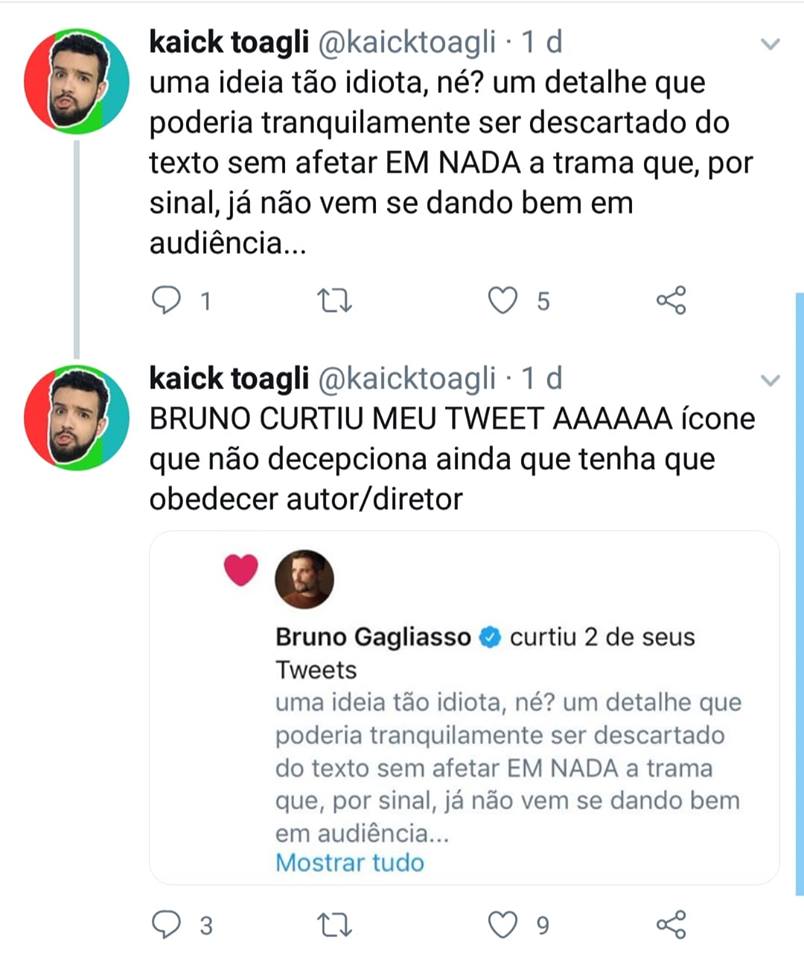 Internauta reagiu ao ver curtida de Bruno Gagliasso