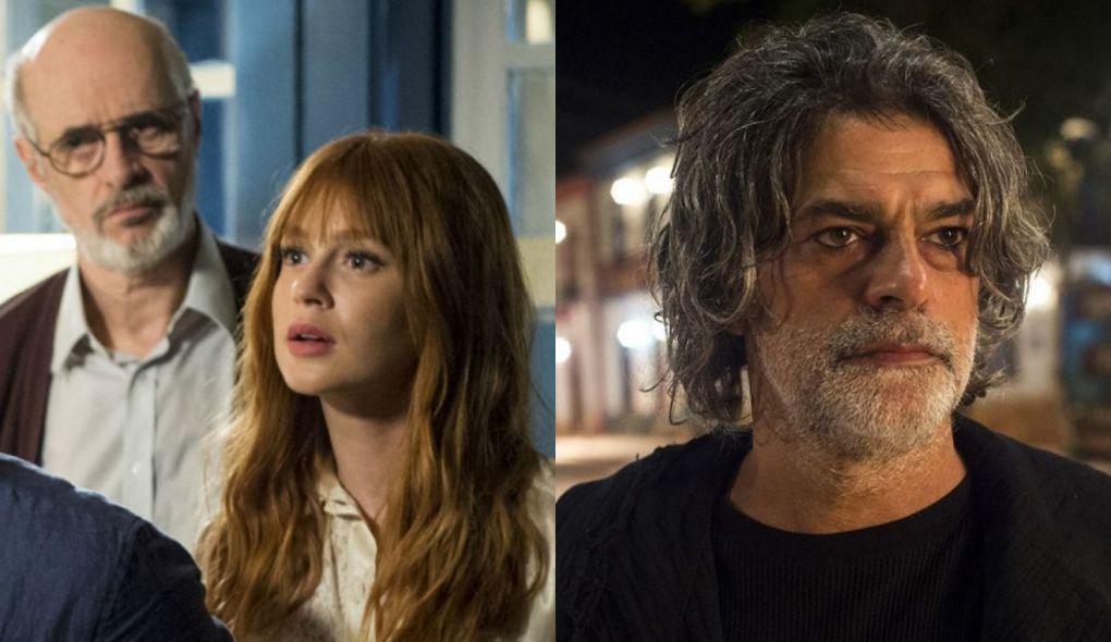 Sostenes (Marcos Caruso), Luz (Marina Ruy Barbosa) e Leon (Eduardo Moscovis) de O Setimo Guardiao