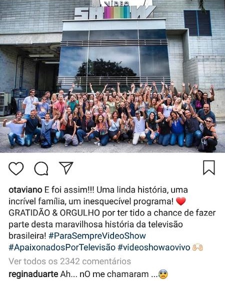 Postagem de Otaviano Costa e comentário de Regina Duarte (abaixo)