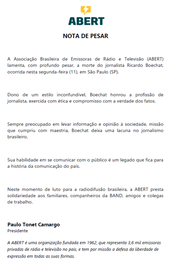 ABERT envia nota de pesar pela morte de Ricardo Boechat