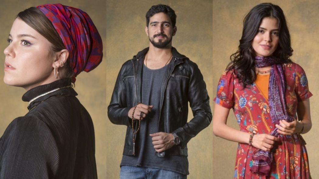 Dalila (Alice Wegmann), Jamil (Renato Goes) e Laila (Julia Dalavia) de Orfaos da Terra